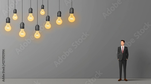 Professional man standing by illuminated light bulbs symbolizing reskilling and career change photo