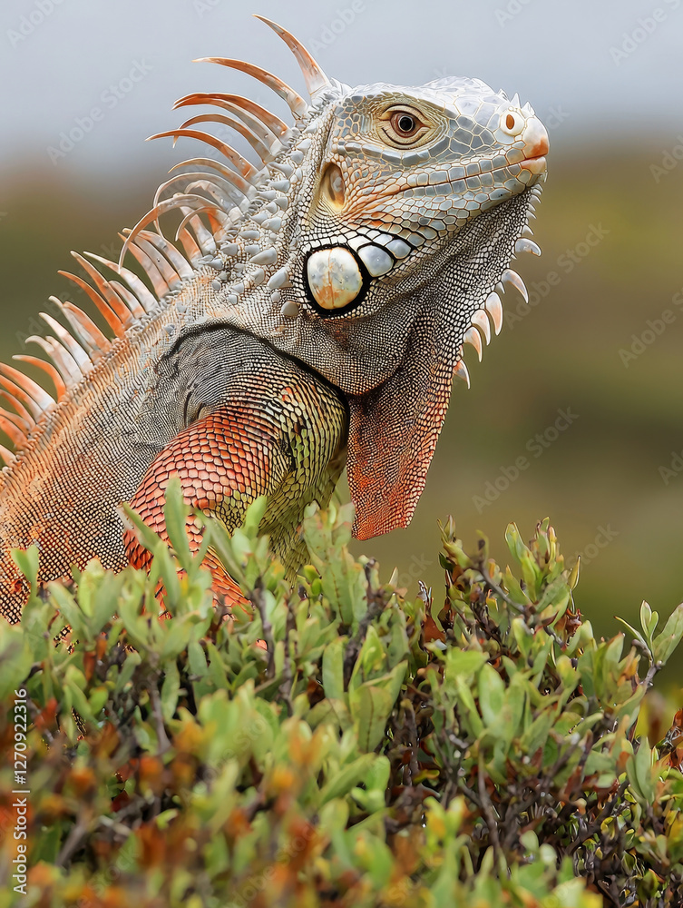 Obraz premium Iguana basking, vibrant scales, lush green foliage