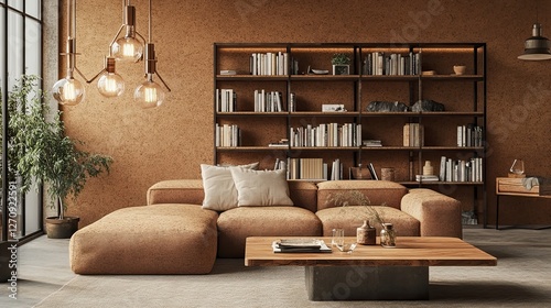 A mid-century inspired eco-friendly living room featuring natural cork walls