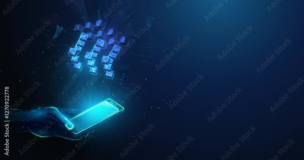 Lowpoly Animation of Blockchain Cubes Assembling over Smartphone in Hand. Blockchain technology and cryptocurrency fintech solution animated looped concept by wireframe mesh on blue background