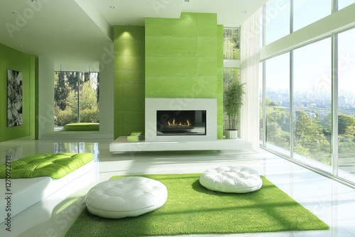 Modern Fireplace In Spacious Green Living Room