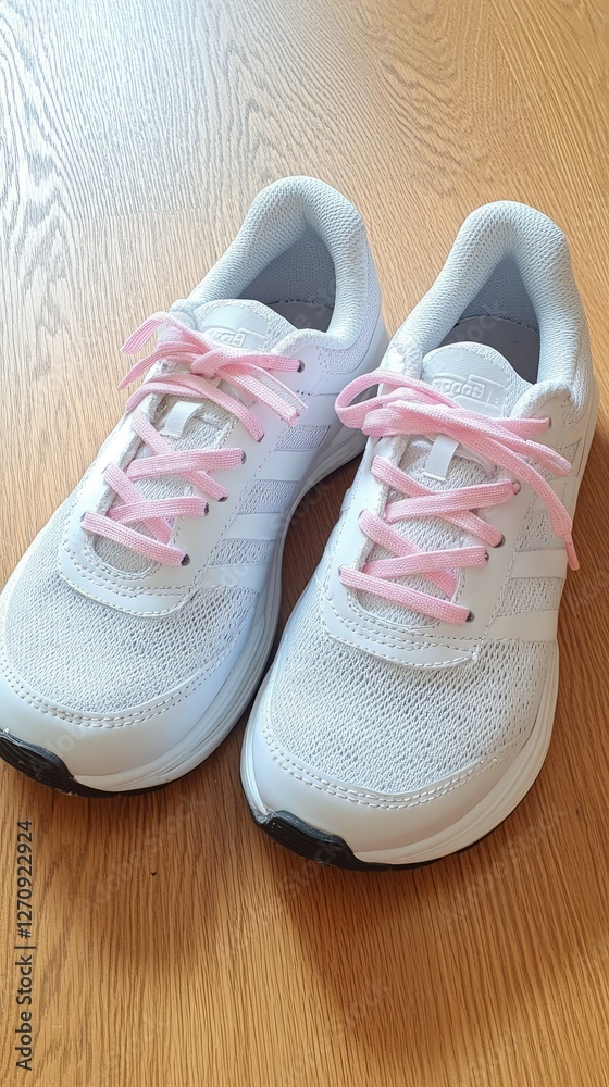 White athletic shoes with pink laces placed on a wooden floor, showcasing a modern design ideal for running or casual wear White athletic shoes with pink laces placed on a wooden floor, showcasing a modern design ideal for running or casual wear