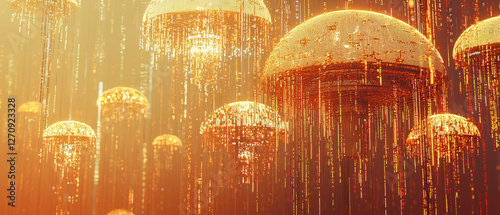 Golden jellyfish-like forms cascade light in a dreamy, futuristic scene photo