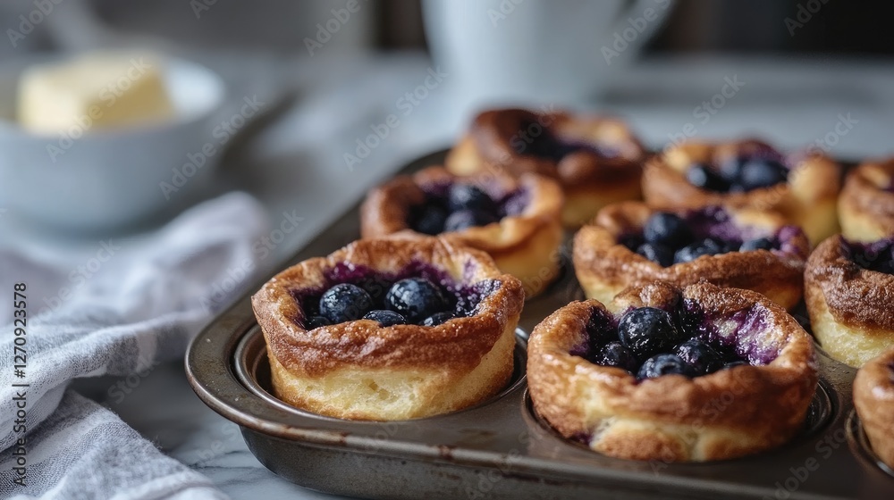 Blueberry baked cheesecakes, kitchen setting, breakfast Blueberry baked cheesecakes, kitchen setting, breakfast