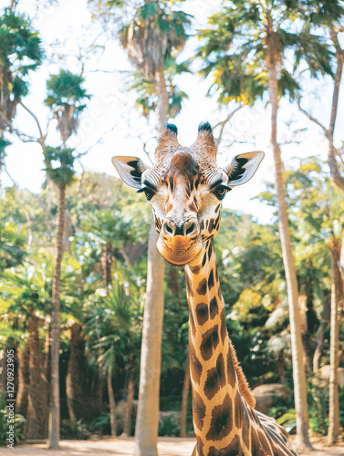 Giraffe portrait, tropical setting, curious gaze photo