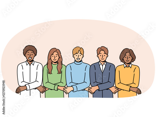 Team of multiracial people students holding hands and showing unity or lack of discord among university pupils. Team of diverse students participate in team-building and trust-building activity