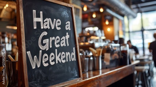 Warm and inviting cafe atmosphere with a motivational weekend message on a chalkboard