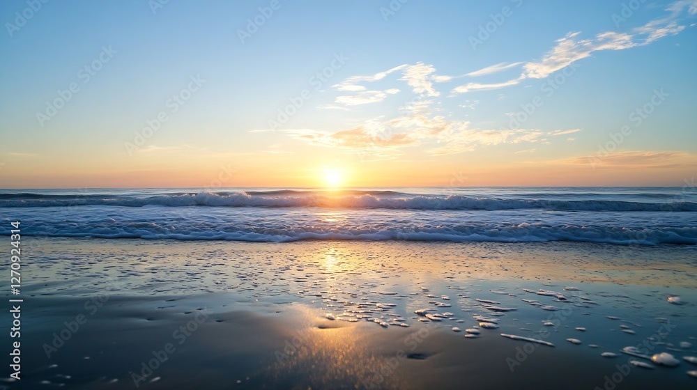 Fototapeta premium Stunning sunrise over a sandy beach with gentle waves and colorful reflections on the shore : Generative AI