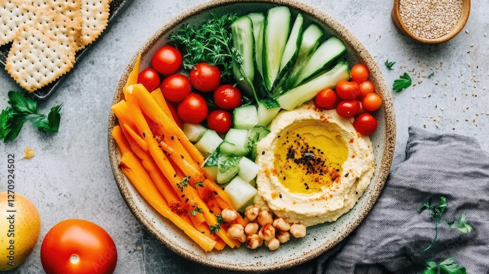 A plate of steamed vegetables with a side of hummus and whole grain crackers A plate of steamed vegetables with a side of hummus and whole grain crackers