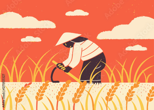 Illustration of an image of agriculture and farmers growing and harvesting rice. Cute touch.