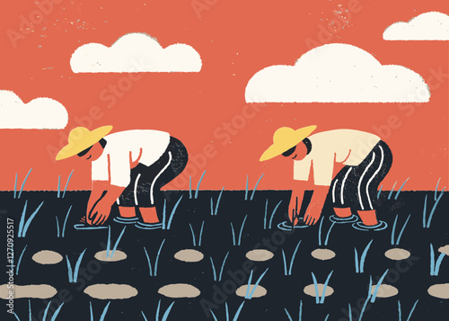 Illustration of an image of agriculture and farmers growing and harvesting rice. Cute touch.