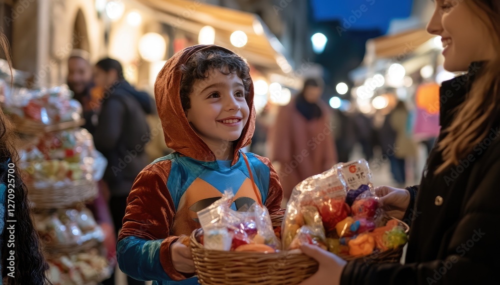 Boy receives candy basket, night market, happy, blurred background, Halloween Boy receives candy basket, night market, happy, blurred background, Halloween