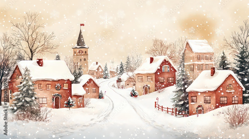 Fototapeta premium Imaginative watercolor painting of houses covered in snow and falling snowflakes depicting a whimsical winter scene.