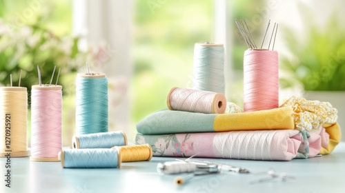 A soft fabric bundle with sewing supplies, including spools of thread and a pincushion photo