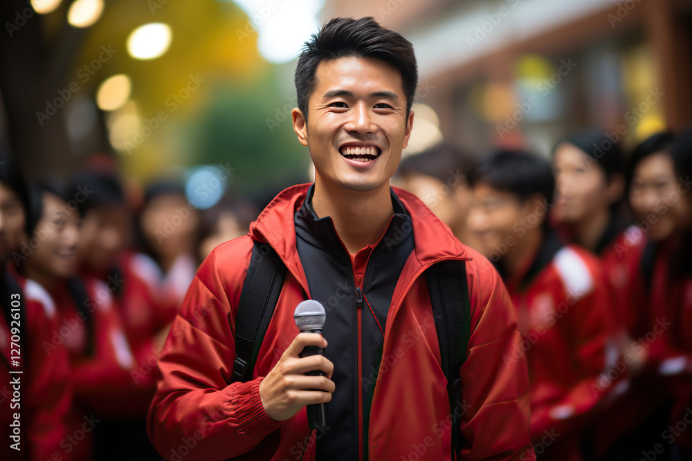 Fototapeta premium A happy young man holds a microphone, addressing a group of people wearing red jackets. The outdoor setting is slightly blurred but suggests a city environment.