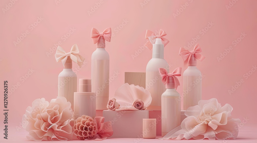 A set of five white bottles with pink bows and large flowers on the bottom A set of five white bottles with pink bows and large flowers on the bottom