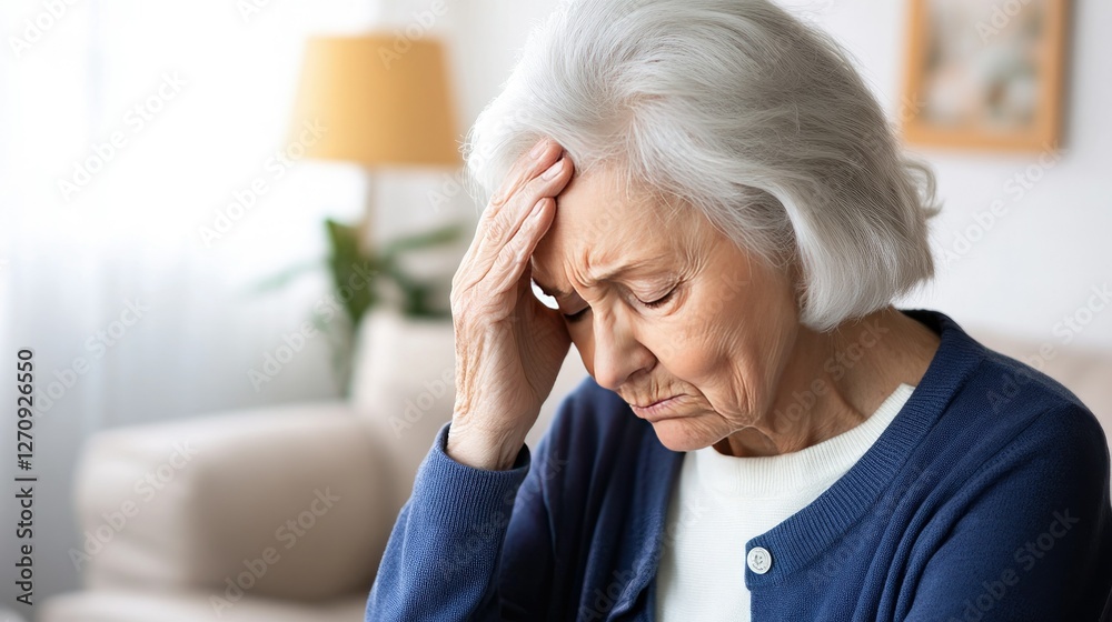 Elderly woman experiencing distress in a cozy living room while contemplating her thoughts in calming light Elderly woman experiencing distress in a cozy living room while contemplating her thoughts in calming light