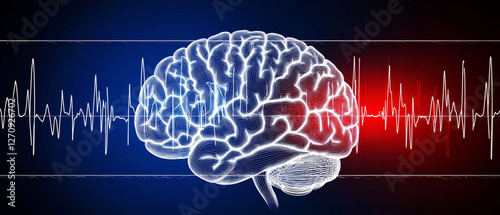 Brainwave activity:  Intricate brain anatomy superimposed on a vibrant EKG readout