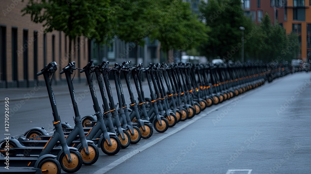 Obraz premium Electric scooters lined up along an urban street in the early morning light amidst quiet surroundings