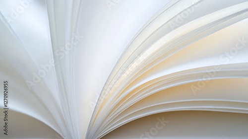 Blank white book pages fanned out in a soft light, creating a sense of simplicity and elegance, minimalist artistic composition.