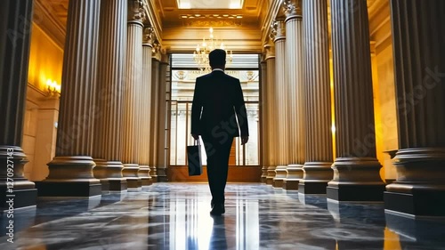 Businessman walking in courthouse hallway with columns, legal career