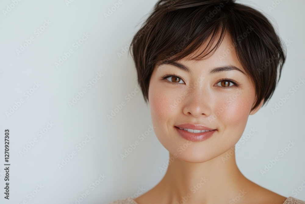 Portrait of a beautiful Asian woman with short hair, smiling against a white background. Portrait of a beautiful Asian woman with short hair, smiling against a white background.