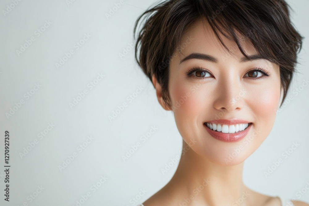 Portrait of a beautiful Asian woman with short hair, smiling against a white background. Portrait of a beautiful Asian woman with short hair, smiling against a white background.
