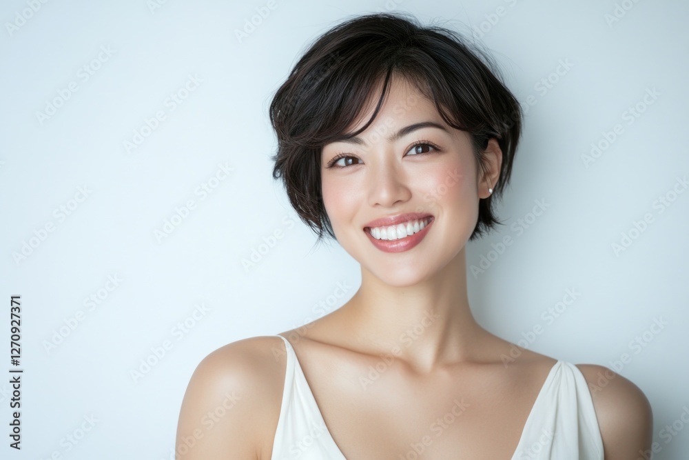 Portrait of a beautiful Asian woman with short hair, smiling against a white background. Portrait of a beautiful Asian woman with short hair, smiling against a white background.