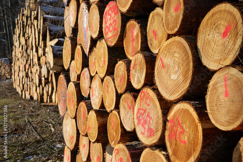 Obraz na płótnie stack of wood in the forest industry w salonie