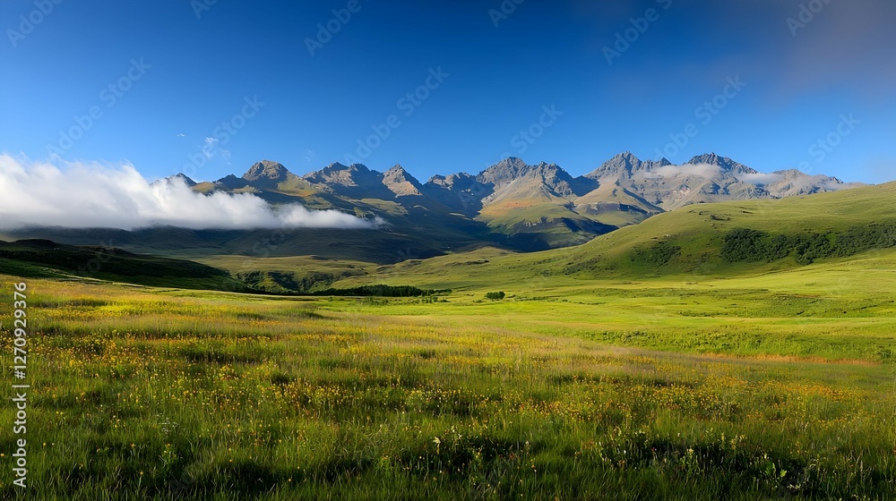Fototapeta premium Vibrant Wildflower Meadow with Majestic Mountain Range Under a Clear Blue Sky