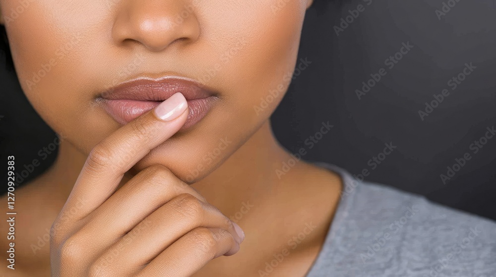 Fototapeta premium Close-up view of a contemplative person with a finger on lips against a dark background showcasing subtle facial expressions and skin tone