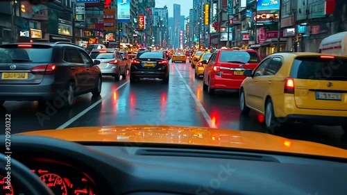 Driving in rainy Times Square traffic jam, cityscape background