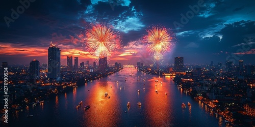 Vibrant Fireworks Over an Illuminated City Skyline at Night