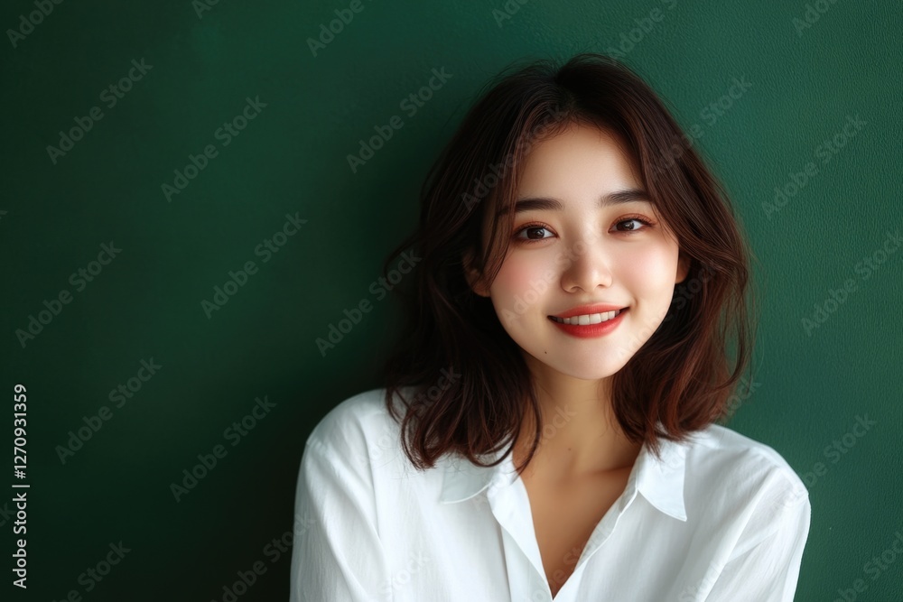 Portrait of a happy Asian woman with black hair and white shirt, on green background. Portrait of a happy Asian woman with black hair and white shirt, on green background.
