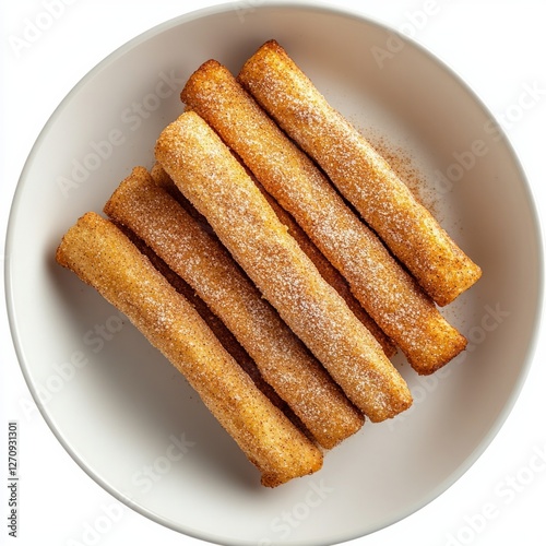 Five cinnamon sugar churros on white plate aligned in a single layer photo