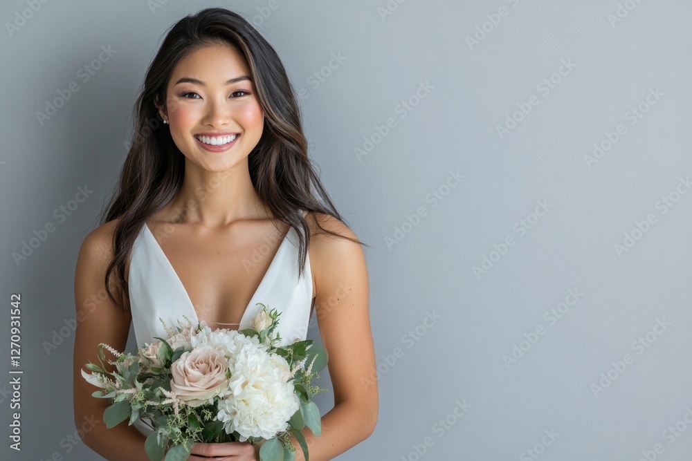 Portrait of a beautiful, smiling Asian woman holding a bouquet, standing in front of a grey wall. Portrait of a beautiful, smiling Asian woman holding a bouquet, standing in front of a grey wall.