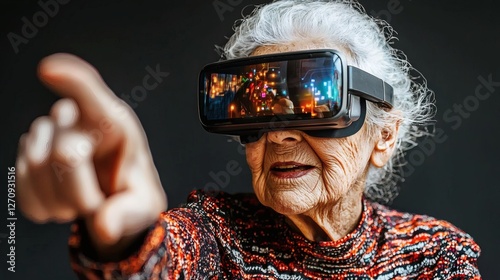Elderly woman wearing augmented reality glasses for improved vision assistance.