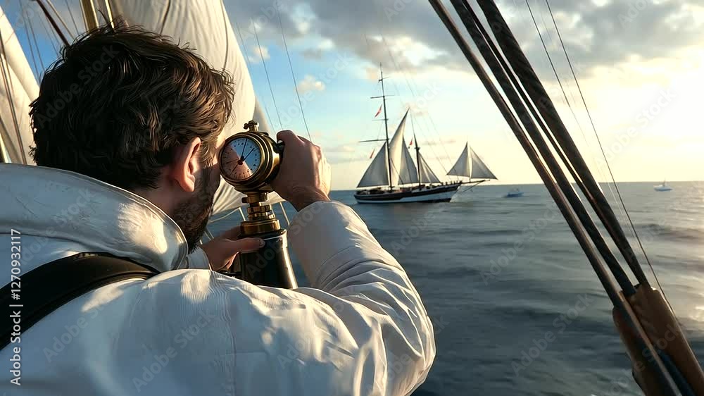 Navigating the seas: A sailor uses a chronometer for longitude calculation