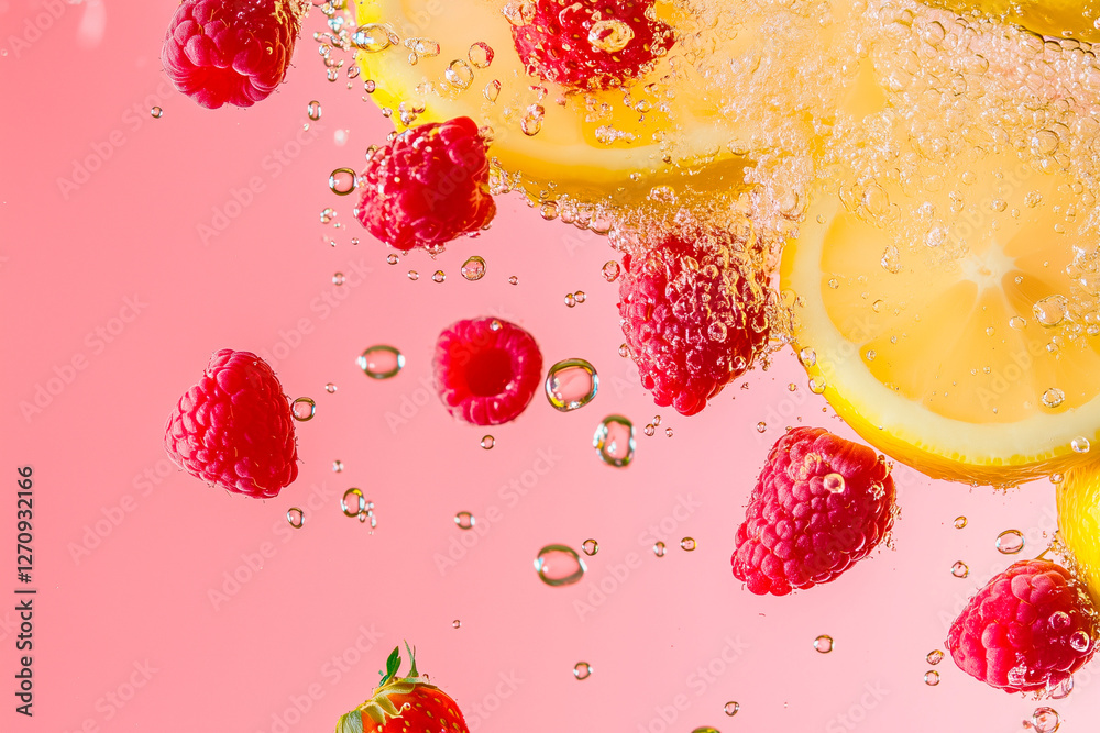 red fruits lemon and ginger falling in gas water red fruits lemon and ginger falling in gas water