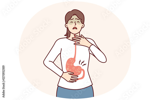 Sick woman with symptoms of gastroesophageal reflux or gastritis disease resulting from junk food. Girl suffers from gastritis and violation of digestive processes surviving nausea