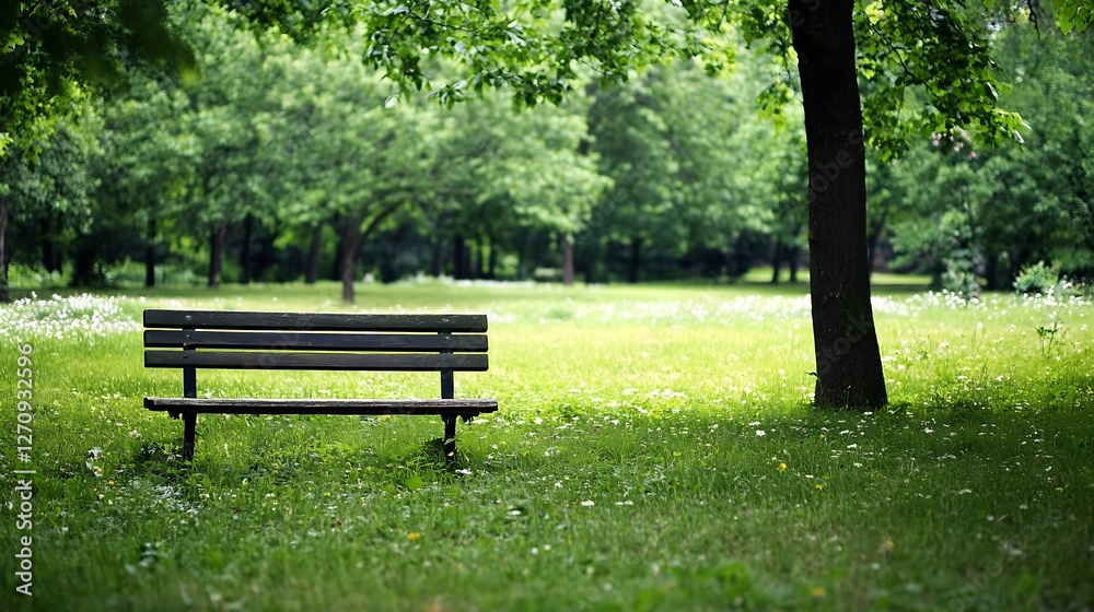 Peaceful park scene with a solitary wooden bench surrounded by lush green grass and trees : Generative AI Peaceful park scene with a solitary wooden bench surrounded by lush green grass and trees : Generative AI