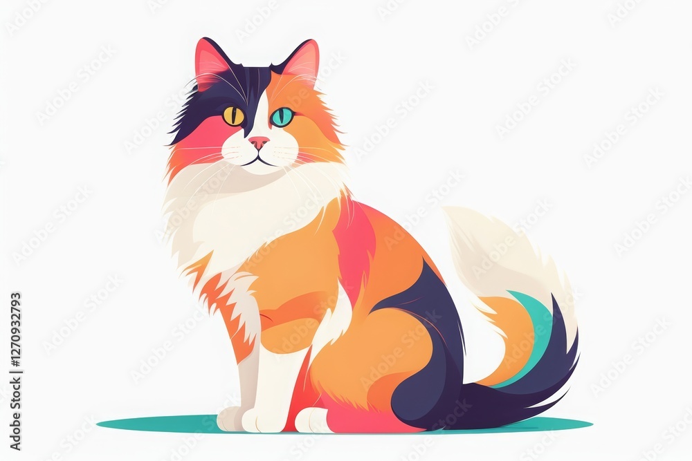 A flat-style illustration of a multicolored cat on a white background. The vibrant and modern design creates a playful and artistic look, making it perfect for creative projects, prints A flat-style illustration of a multicolored cat on a white background. The vibrant and modern design creates a playful and artistic look, making it perfect for creative projects, prints