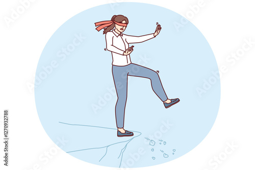 Blindfolded girl steps forward dont know about cliff and danger to fall down for risk business concept. Businesswoman who makes rash actions risks falling into abyss due to lack of plan and strategy