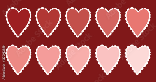 Hand drawn heart vector illustration set in cherry color shades. Pink and red retro coquette Valentine's day simple hearts. Trendy cherry girly decorative hearts. Isolated illustration for any design.