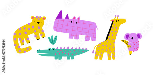 Cute African Safari animals flat style. Childish rhinoceros, giraffe, leopard, crocodile. Kids vector illustrations isolated on white background