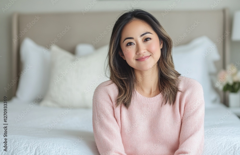 Beautiful, smiling Asian woman wearing pink sweater, sitting on white bed and looking at the camera in bedroom. Beautiful, smiling Asian woman wearing pink sweater, sitting on white bed and looking at the camera in bedroom.