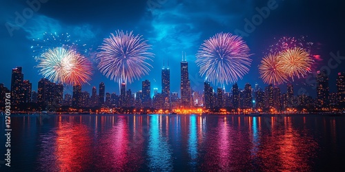 Festive Nighttime Celebration with Fireworks Reflected in Water