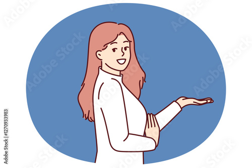 Woman promoter stretches out hand with raised palm to present new product or discount card for regular customers. Promoter girl with long hair stands near copy space and looks at screen smiling
