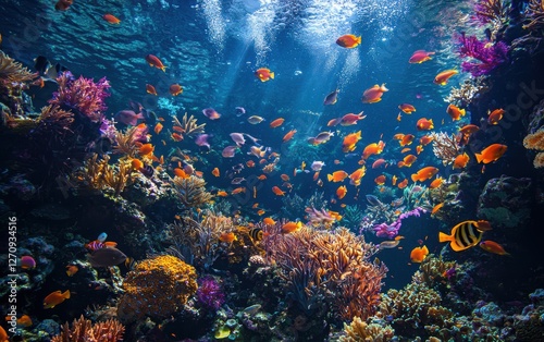 A beautiful coral reef teeming with colorful fish and marine life