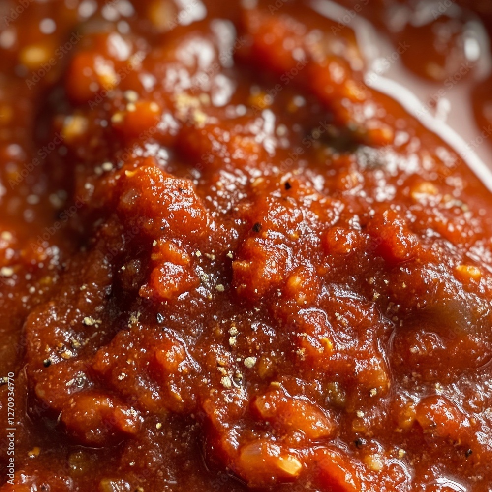 Rich tomato sauce with spices and crushed tomatoes in close-up detail Rich tomato sauce with spices and crushed tomatoes in close-up detail